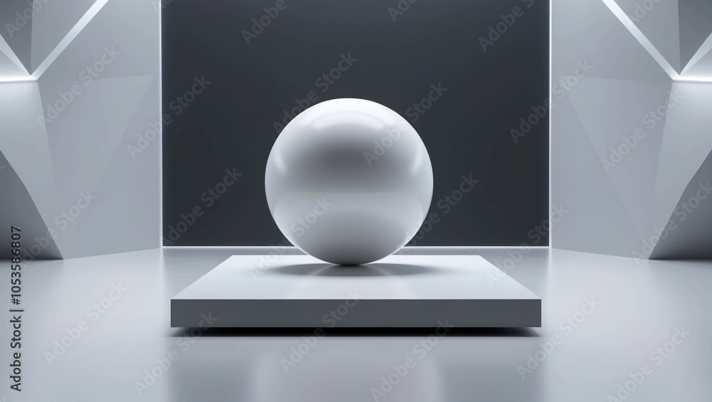 Poster an ultra-detailed image of a white sphere resting on a minimalistic platform in a futuristic geometr