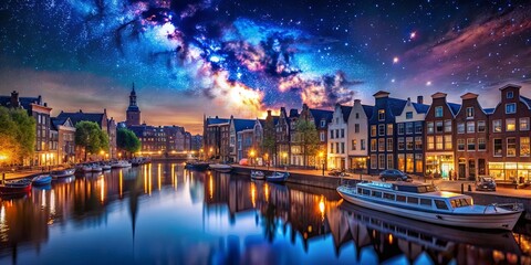 Fototapeta premium A serene canal, reflecting the twinkling lights of quaint buildings and a magnificent star-filled sky, creating a picturesque night scene.