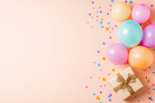 Colorful Balloons, Gift Box, and Confetti on Colorful Background for Celebration