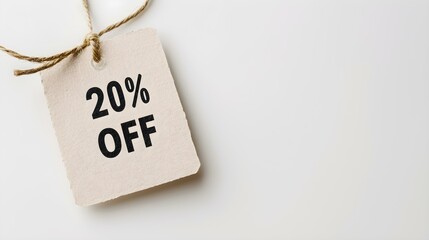Black '20% OFF' Text on a Beige Square Paper Note. White Background with Copy Space