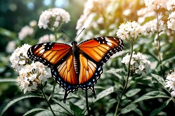 Naklejka premium Stunning Orange and Black Butterfly in Flight, Vibrant Wings in Nature
