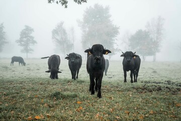 Group of Black water buffalo Cattle Standing in Foggy Field with Morning Mist, Grazing on Dew-Covered Grass in Rural Pastureland, Surrounded Moody and Atmospheric Farm Scene