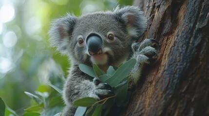 Fototapeta premium Close-up of a Koala Bear Cub Clinging to a Tree Trunk