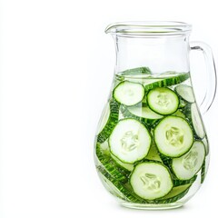 Cucumber slices in a glass pitcher filled with refreshing water.