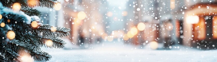 Snowy street scene with blurred lights and festive atmosphere.