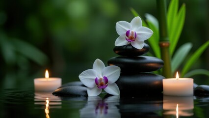Stacked zen stones with orchids and candle in a calming, green background, perfect for relaxation