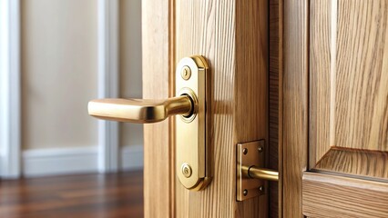 Obraz premium Wooden door with brass handle slightly open