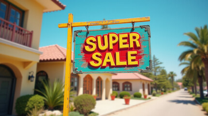 Colorful Super Sale Sign on Bright Sunny Day &ndash; Eye-Catching Stock Image for Marketing & Promotion
