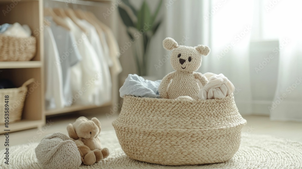 Poster cozy minimalist nursery decor with neatly arranged baby clothes soft textiles and plush toys in a wi