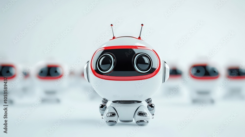 Aufkleber cute futuristic robot standing out amongst a group of similar robots in a minimalist setting