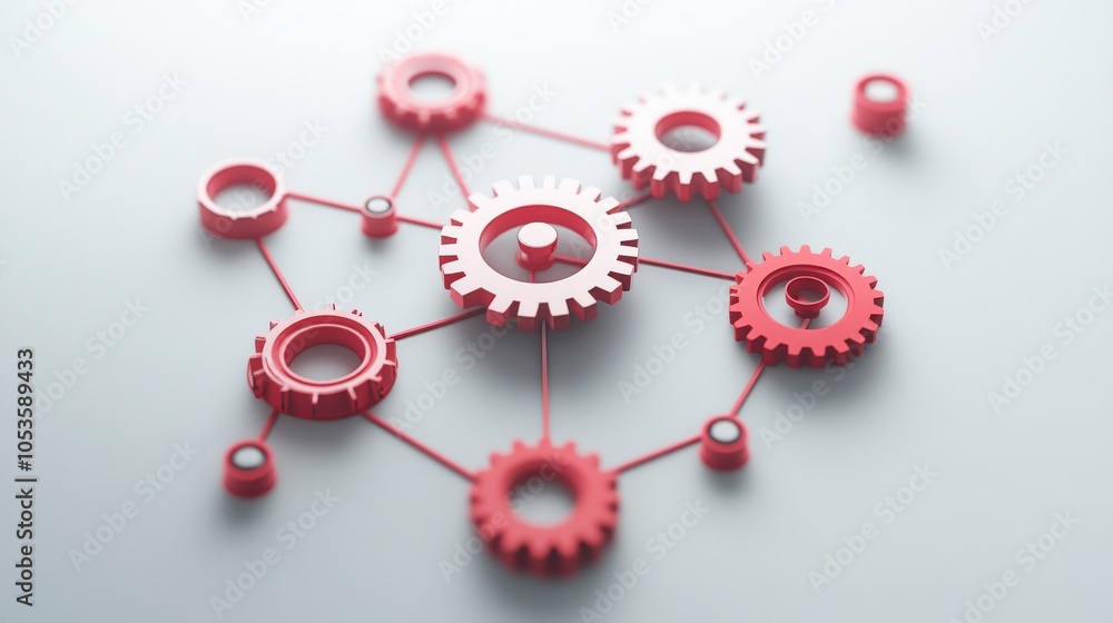 Poster Intricate red gears connecting in a modern technological design on a soft background