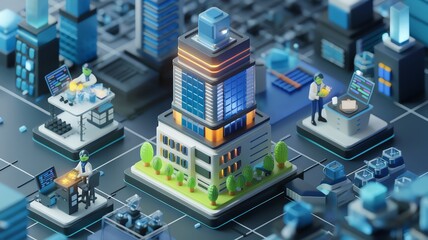 Isometric digital cityscape with modern architecture, illuminated buildings, and businesspeople engaging with technology on various platforms.