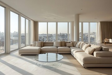 A mid century modern interior with a large window and a spacious living room with a sofa and table. Generative AI
