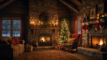 Fototapeta premium christmas tree in the church , Cozy Christmas living room with a stone fireplace, Christmas tree, and presents. Fire is burning.