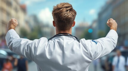 A male doctor in a white coat stands with his arms raised in victory, facing away from the camera, against a blurred city backdrop.