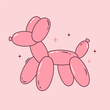 Outline vector illustration of pink balloon poodle. Y2k clipart for card, collage. Bubble dog trendy design. Geometric toy