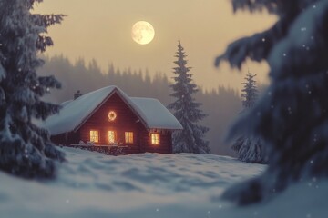 Cozy cabin surrounded by snow, with a full moon shining bright in the background