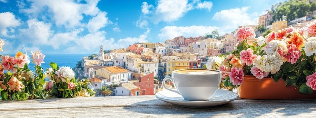 Sunny Sicilian Morning on the Balcony:Delightful Sicilian Breakfast.Concept of Italian lifestyle, dolce vita, leisurely mornings, Sicilian culture, coffee culture, local cuisine, travel and tourism.