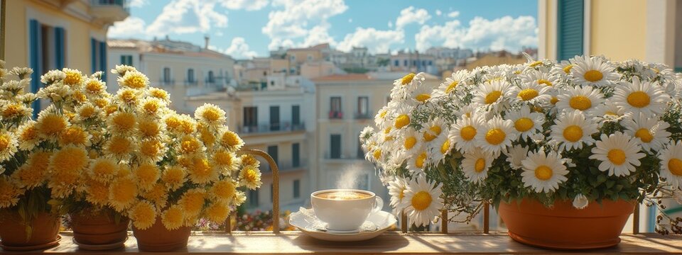 Sunny Sicilian Morning on the Balcony:Delightful Sicilian Breakfast.Concept of Italian lifestyle, dolce vita, leisurely mornings, Sicilian culture, coffee culture, local cuisine, travel and tourism.