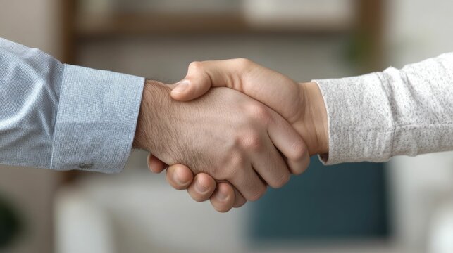 Diverse team of coworkers shaking hands in a modern open concept business office with glass walls and contemporary furniture signifying a warm business agreement and successful professional