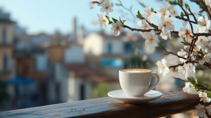 Fototapeta premium Sunny Sicilian Morning on the Balcony:Delightful Sicilian Breakfast.Concept of Italian lifestyle, dolce vita, leisurely mornings, Sicilian culture, coffee culture, local cuisine, travel and tourism.