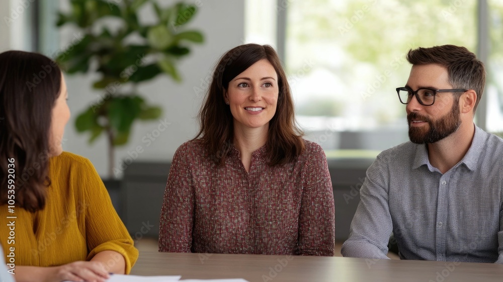 Poster casual team of coworkers gathered around a table deep depth of field discussing business strategy an