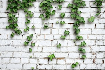 A white brick wall with lush green ivy vines growing up its surface