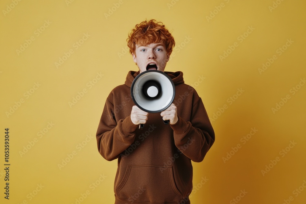 Wall mural a person holding a megaphone, possibly speaking or announcing something