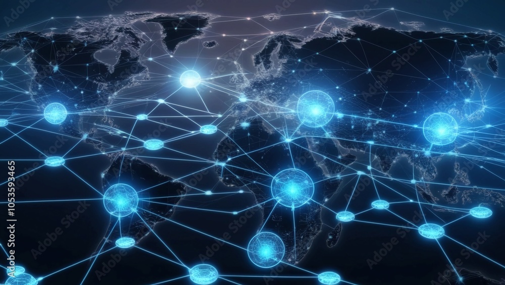 Poster digital mesh of glowing nodes and lines, representing global connectivity and data networks