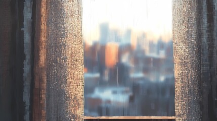 Soft light filters through a burlap curtain in a city apartment, with a subtle autumn city view blurred beyond the window