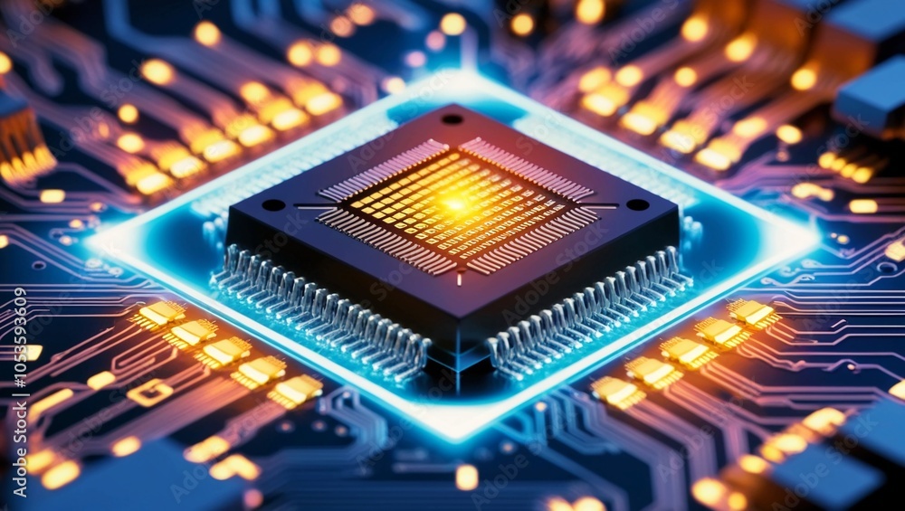 Poster a glowing microchip surrounded by intricate, illuminated circuitry, representing advanced computing 