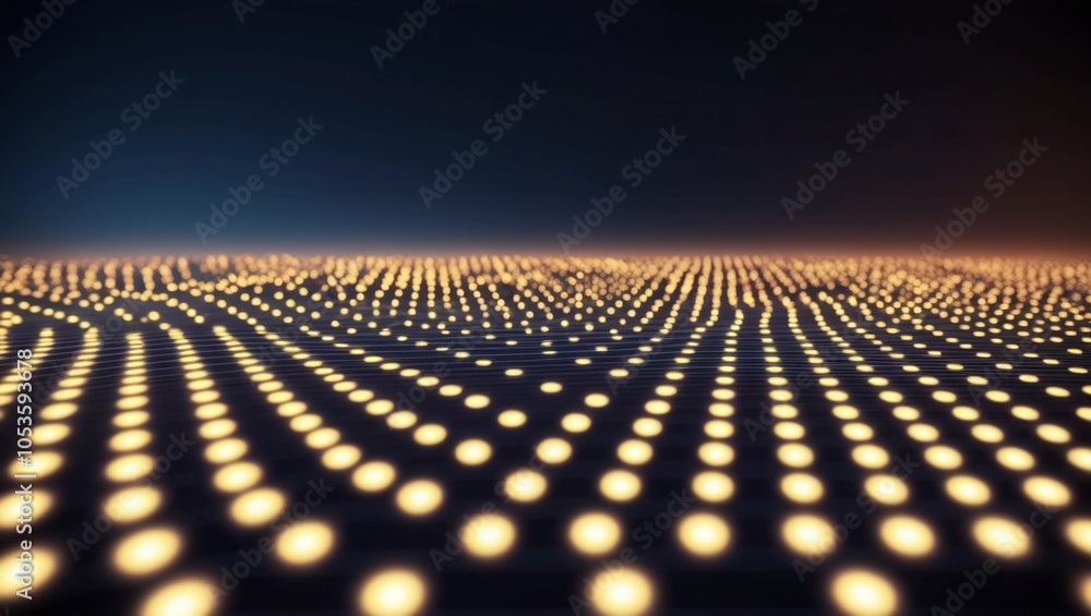 Poster bright glowing led light dots on a dark background, forming dynamic and futuristic digital patterns,