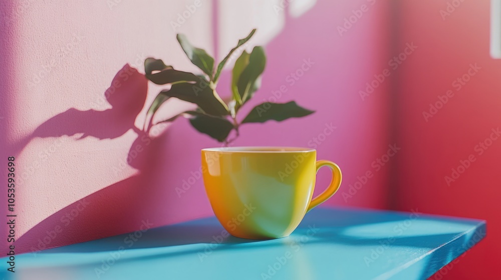 Poster a single yellow cup sits on a blue table, perfect for capturing attention or adding a pop of color t