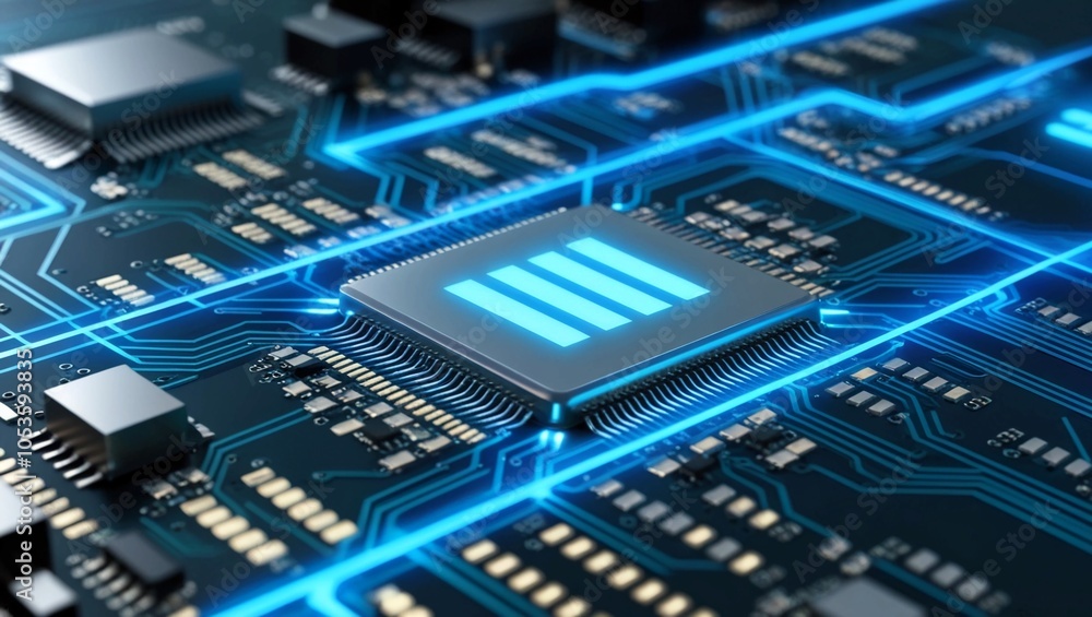 Aufkleber close-up of an intricate digital circuit board with glowing blue lines, symbolizing advanced technol