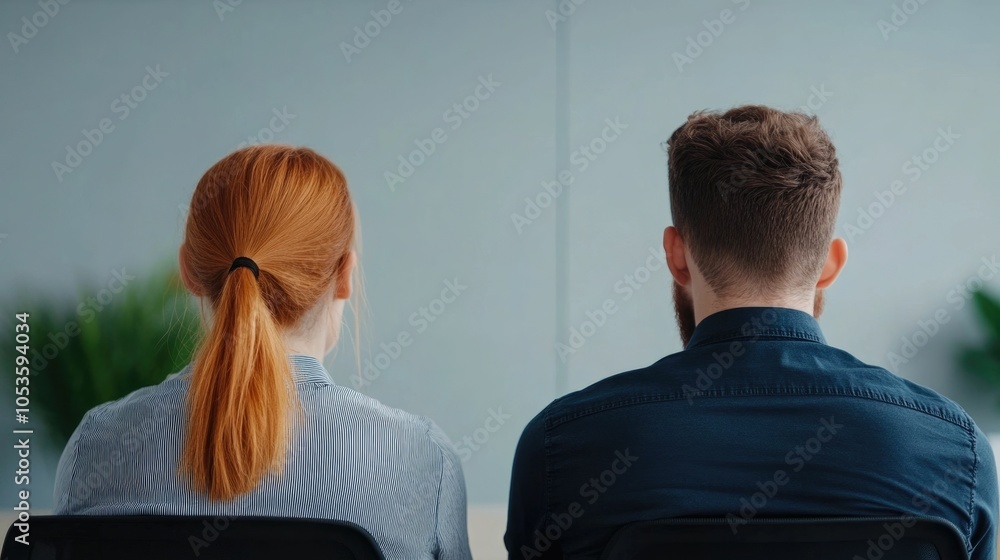 Poster two colleagues engaged in friendly casual conversation in a modern professional office environment t