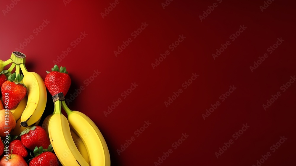 Poster fresh bananas and strawberries on a red background with copy space.