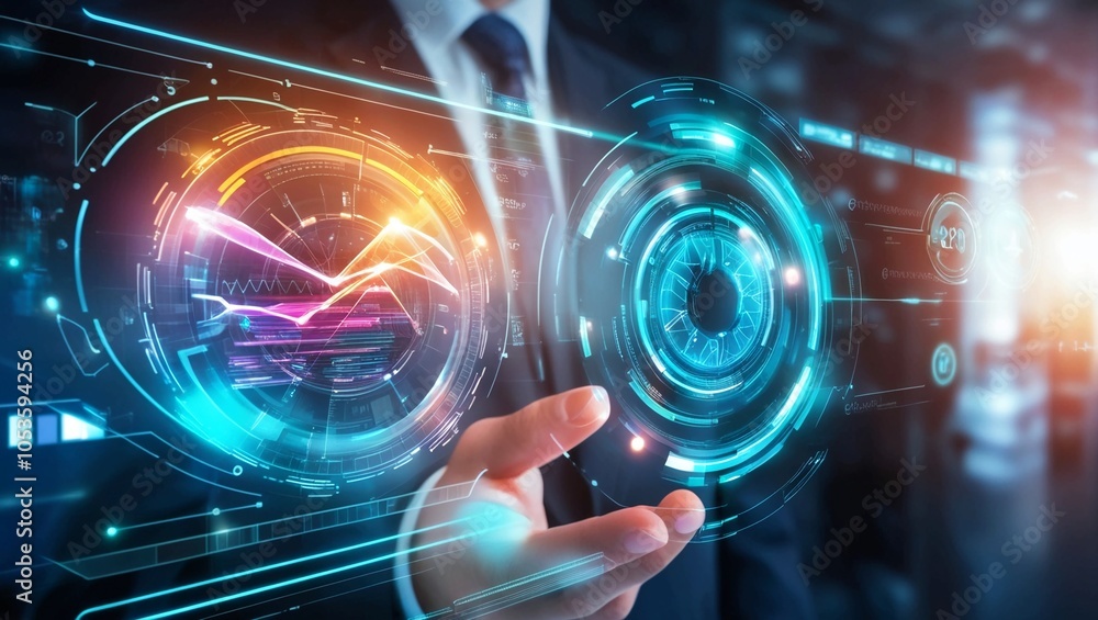Poster a magnifying glass focusing on a microchip, representing cybersecurity and data analysis in the digi