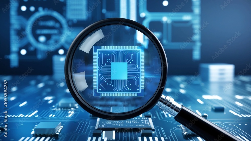 Poster magnifying glass focusing on a microchip, representing cybersecurity and data analysis in the digita