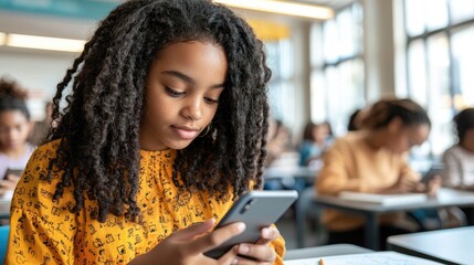 Young Girl Engaged with Smartphone in Bright Classroom