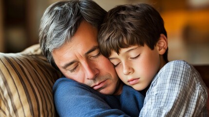 Fototapeta premium A Cherished Quiet Moment of Connection: Father and Son.Concept of family bond, father-son relationship, love, care, generational connection,and cherished moments.