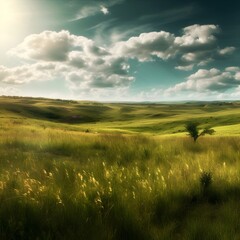 Green meadow landscape with blue sky.