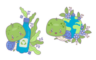 Fototapeta premium Ecology and animals. Cute cartoon turtle character with green planet Earth with flowers and bottle for recycling. Concept ecological lifestyle, conservation and protection nature. Vector illustration