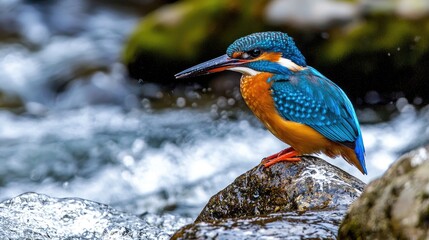 Vibrant Kingfisher Perched on a Rock by Water