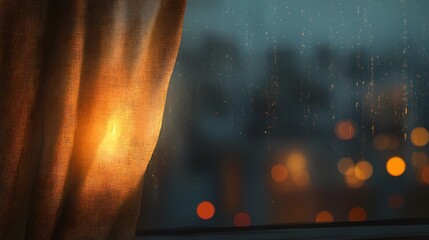 Soft light filters through a burlap curtain in a city apartment, with a subtle autumn city view blurred beyond the window