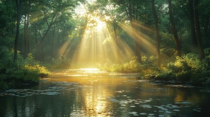 Obraz premium Sunbeams Filtering Through Trees and Reflecting in a Forest River