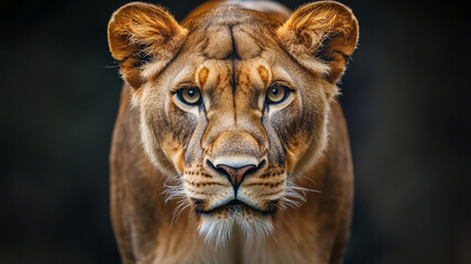 Fototapeta premium A lioness gazes curiously while standing in a lush habitat during the golden hour of sunset