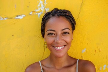 A woman smiling with braids in front of a bright yellow wall, great for personal branding, lifestyle, or social media images