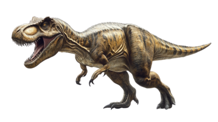 A 3D render of a Tyrannosaurus rex dinosaur isolated on a white background, showcasing its prehistoric features as a giant, extinct creature
