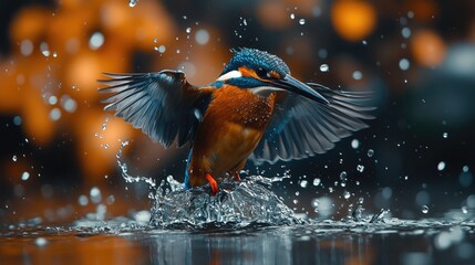 A Vibrant Kingfisher Bird Takes Flight From Water With Splashing Drops