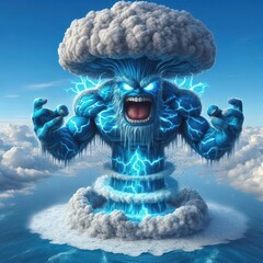 Ai generated illustration of a human flying monster in the form of a giant angry mushroom cloud nuclear explosion sea tsunami water of smoke and streaks of lightning on its body with sea background